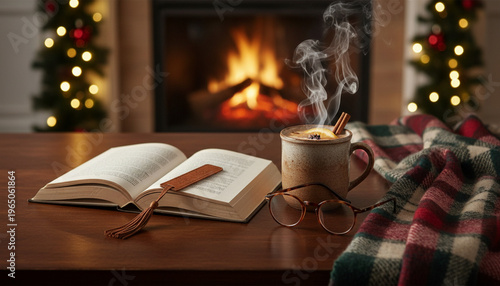 Peaceful Reading Moment on Tabletop with Open Book and Blurred Christmas Fireplace Background 