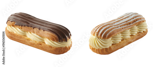 Two eclair pastries cream chocolate isolated on a transparent background