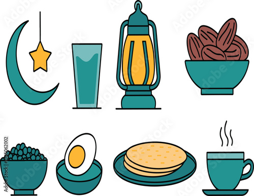 Ramadan and Suhoor vector collection, set of flat icons including crescent moon, dates, lantern, boiled egg, and tea, isolated on white background