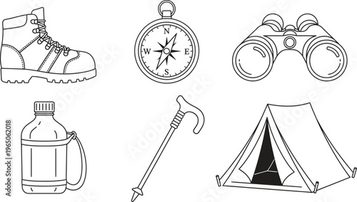 Collection of minimalist line art icons representing essential hiking and camping gear ideal for web elements mobile applications and travel infographics
