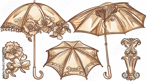 Antique sepia toned vector illustration of umbrellas, a floral bouquet and ornament
