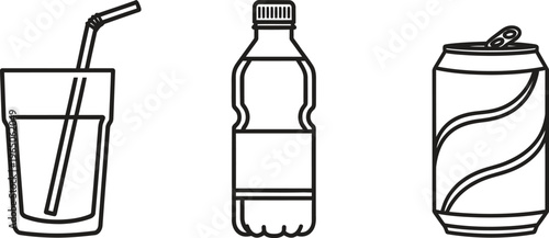 Set of beverage icons featuring a glass with straw plastic bottle and soda can in a minimalist outline style perfect for menus and UI design