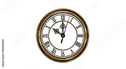 Elegant golden clock with Roman numerals as a classic ornament on white background