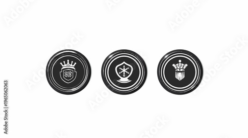 Three black buttons in a row, each with a white design against white background
