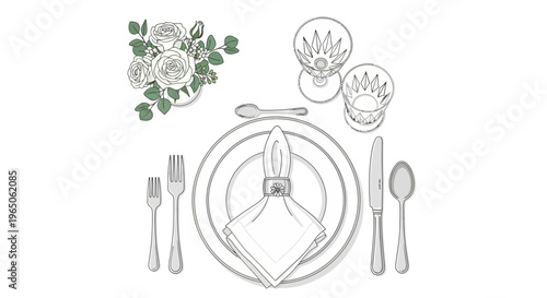 Elegant Table Setting with Roses, Crystal Glassware, and Cutlery - Top View