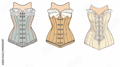 Three colorful corset illustrations with ruffles and eyelet closures on a white backdrop