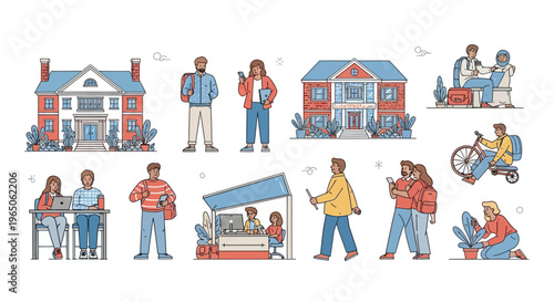 Diverse People & Homes: Modern Lifestyle Scenes with Pixel Art Style