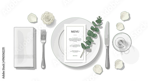 Elegant Table Setting with Menu Card, Eucalyptus, and Rose Petals - Top View