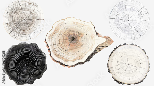 Six illustrated tree cross-sections on white background, showcasing varying age rings