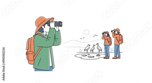 People observing nature with binoculars, birdwatching and hiking adventure