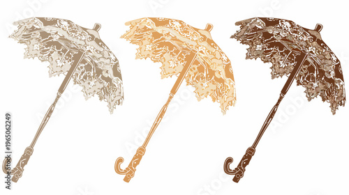 Three vintage lace parasols in varying shades of brown, digitally enhanced artwork on white
