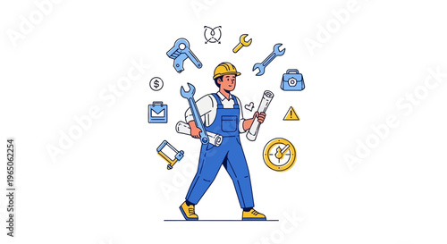 Construction Worker with Tools and Blueprints, Professional Service and Repair Concept