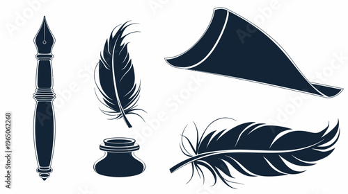 Quill pen, inkwell, feathers, and paper sheet in elegant monochrome illustration