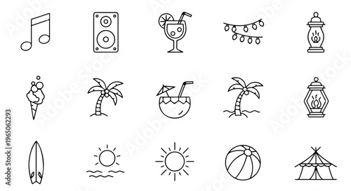 Beach icons, summer symbols, line art illustrations, 16 tropical graphics