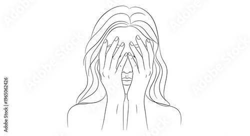 Minimalist line art of a woman covering her face with both hands, featuring flowing hair and a serene expression on a white background