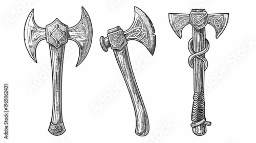 Three antique ornate axes with detailed engravings, set on white