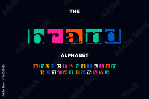 Modern alphabet and brand identity design with colorful 3D letters on dark gradient background