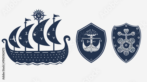 Dark blue heraldic symbols of a ship and two shields on a white background