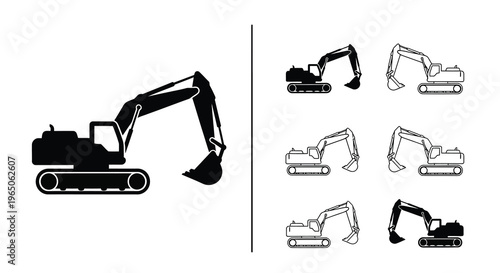 Black and white illustration of excavators in various positions and shades