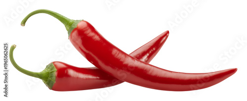 Two red chili peppers with green stems spicy isolated on a transparent background