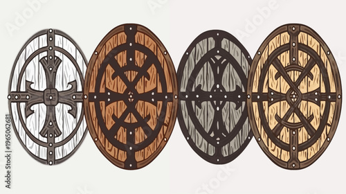 Four stylized, cartoonish Viking shields in different colors, detailed with wood grain