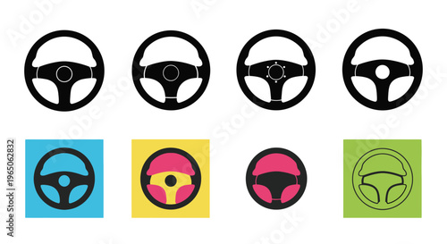 Collection of steering wheel icons in various styles and colors