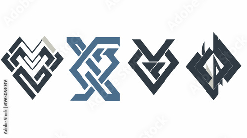 Four geometric designs with interlocking shapes and varied color schemes on white