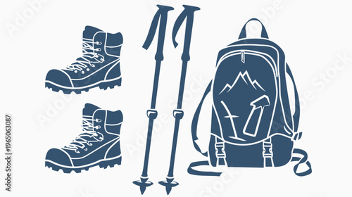 Hiking boots, trekking poles, and a backpack are depicted in a blue and white illustration