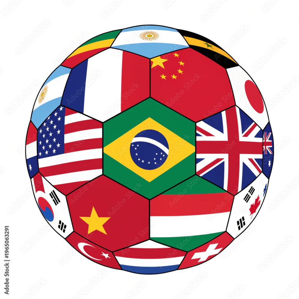Obraz premium International soccer ball with world flags, global football tournament concept, colorful sports ball with national flag patterns on white background