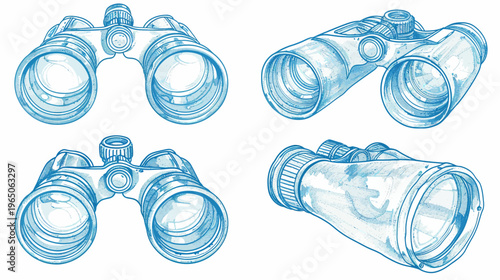 Four binoculars sketches with watercolor style, blue outlines and filling, on white