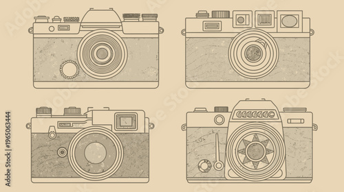 Four vintage-style camera line art illustrations on a light tan background