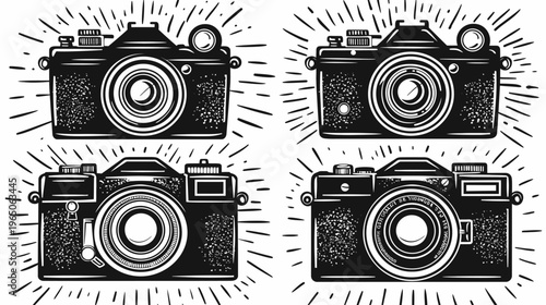 Four retro cameras facing forward, with stylized sunburst effect, vintage-style, b&w
