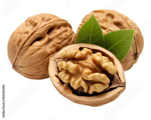 Walnuts with leaves shell whole halved isolated on a transparent background