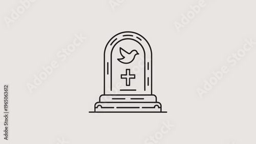 A minimalist line drawing of a tombstone with a bird and cross on a plain background