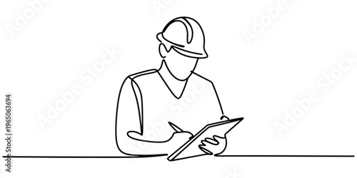 Construction worker in hard hat with safety vest writing on clipboard, minimalist line art, concept of planning, inspection, or engineering.