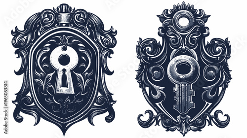 Two ornate designs, a keyhole in a shield, and a key in a swirling crest, dark tones