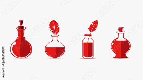 Red ink bottles and quills on white background, simple vector drawing, vintage style
