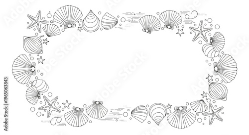 Seafood border, ocean frame, shell wreath, vector illustration