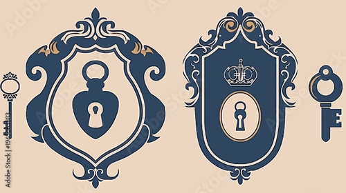Two blue shield emblems with keyholes and ornate keys on a tan background, stylized drawing