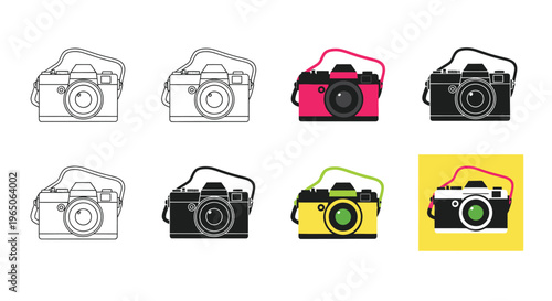 Collection of vintage cameras in various colors and styles outlined