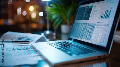 Business Analytics and Financial Reports on Laptop with Blurred Background and Office Environment at Night