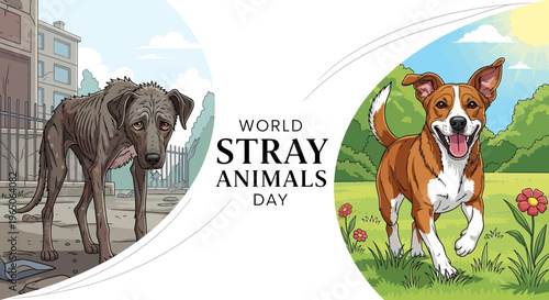 Illustrations of stray animals on World Stray Animals Day, featuring a sad dog on a city street and a happy dog in a field with flowers, promoting awareness and protection.
