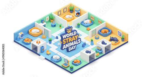 Isometric illustration of a colorful maze with various animal welfare scenes and the 'World Stray Animals Day' logo on a white background, conveying awareness for homeless animals