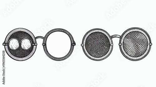 Steampunk-style glasses with mesh and solid lens, ink drawn isolated on white