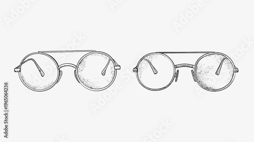 Two pairs of retro, round-framed glasses are on display, an illustrated sketch