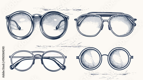 Illustration of four pairs of glasses with various frame styles on a light background