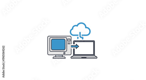 Data synchronization illustration showing cloud computing transfer from old computer to laptop