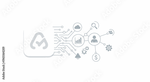 Digital infrastructure with interconnected icons representing data analysis and business networks