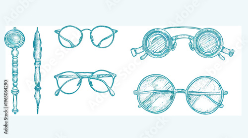 Hand-drawn antique eye glasses and a magnifying glass in light blue on a white background