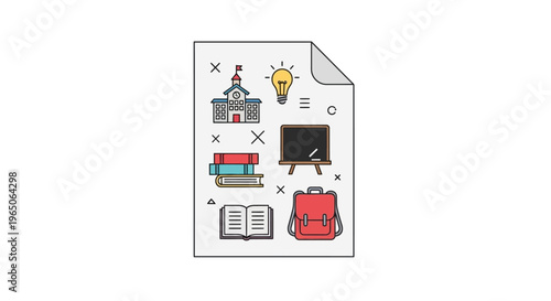 Educational Symbols on Paper Depicting School Building, Learning, and Knowledge